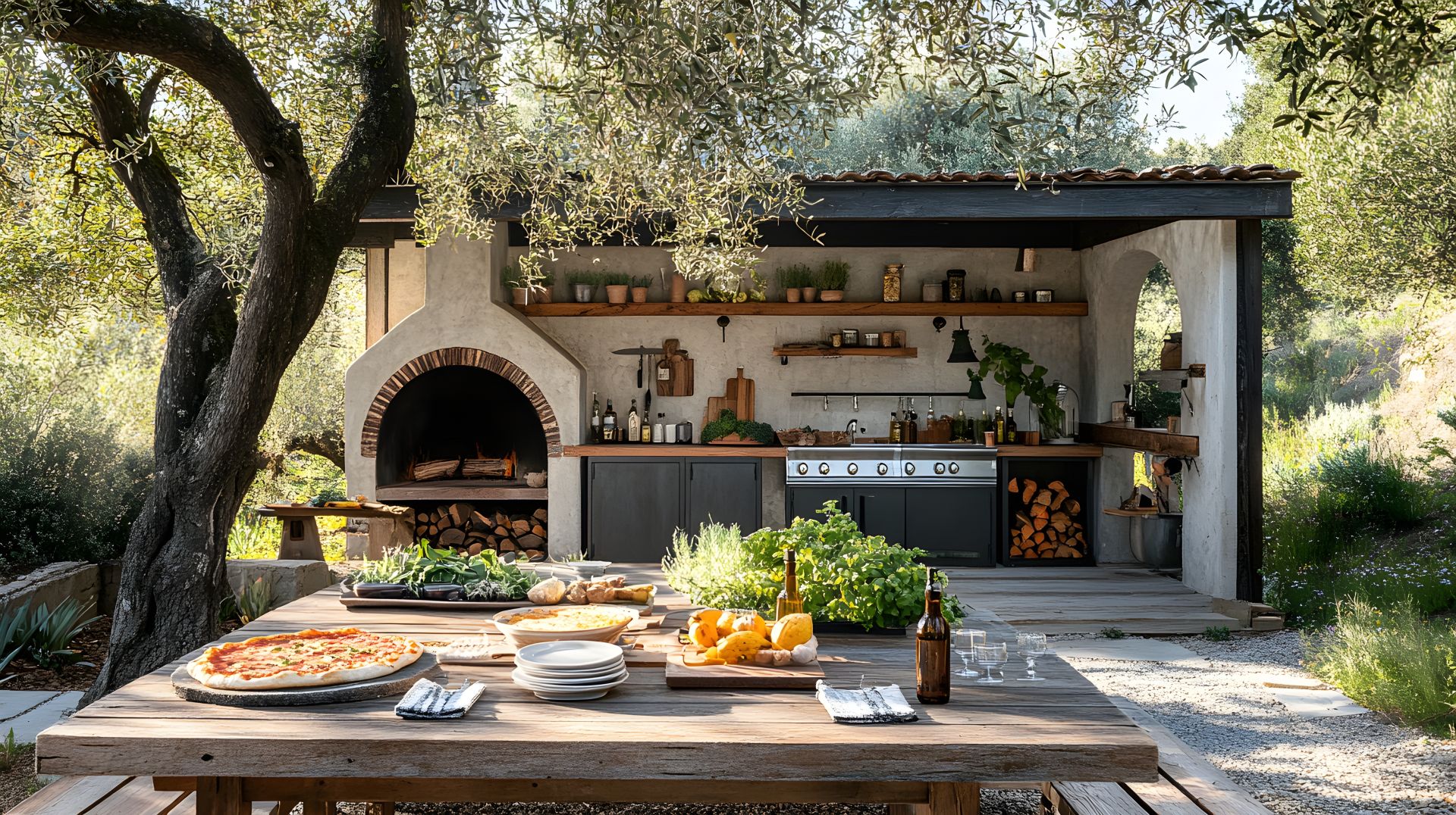 Mediterrane Outdoor-Küche mit Pizzaofen, Stauraum und Pflanzen, geschützt durch einen stilvollen wasserdichten Pavillon.