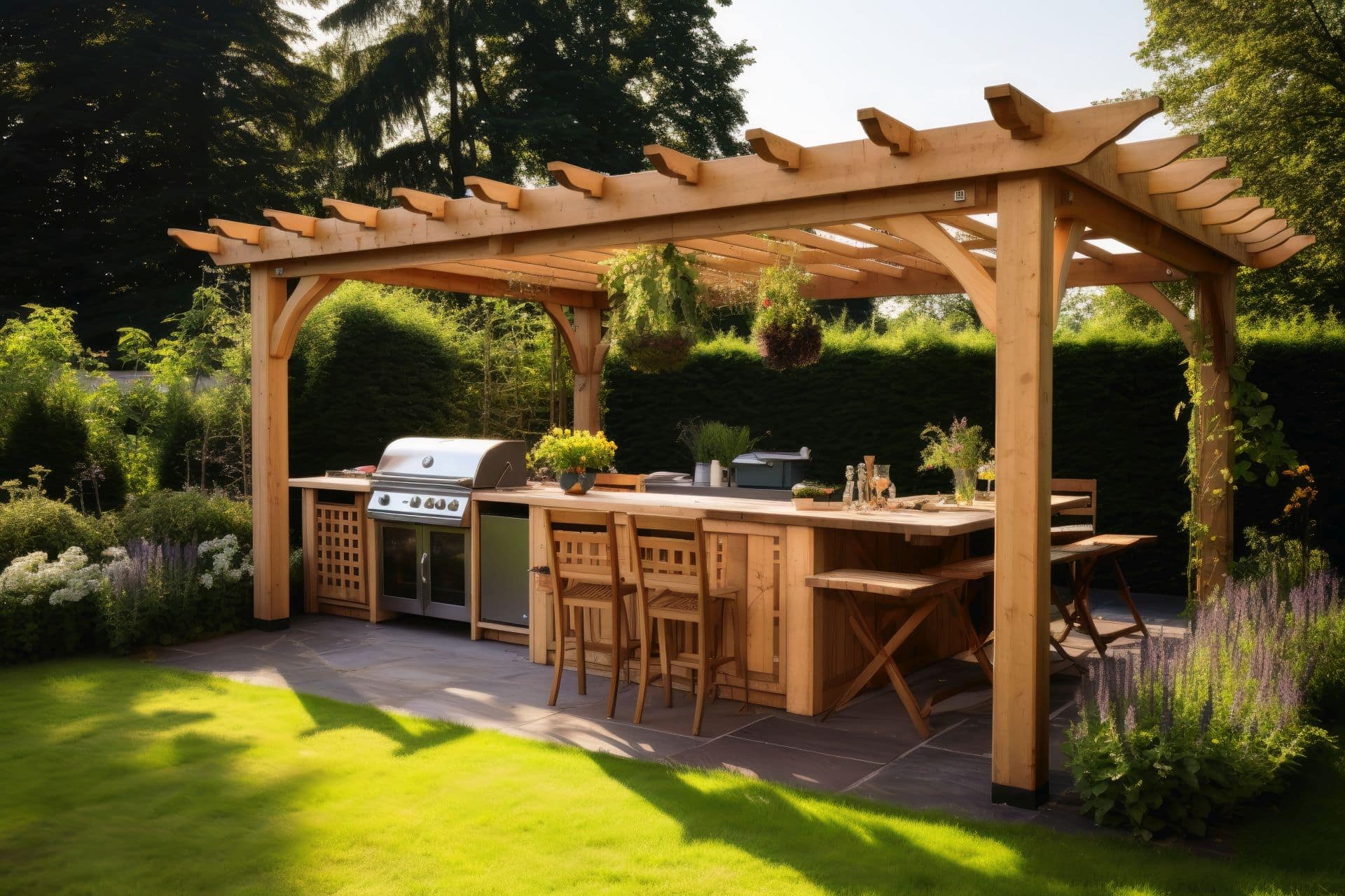 Outdoor-Küche mit Holzpavillon, ausgestattet mit Grill und Sitzbereich, bietet durch einen wasserdichten Pavillon Schutz bei jedem Wetter.