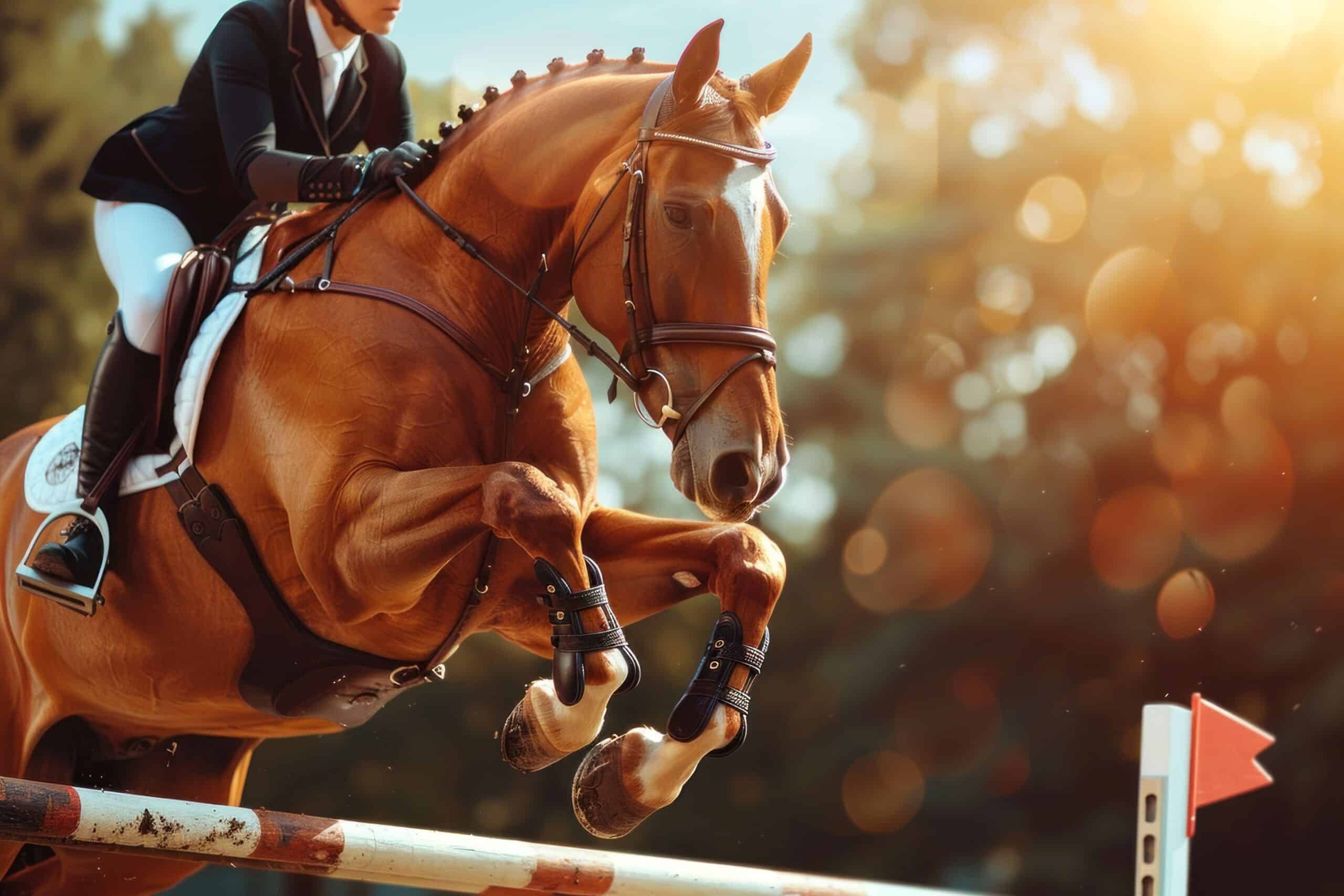 Jumping horses for sale: Show jumper in mid-air over a fence