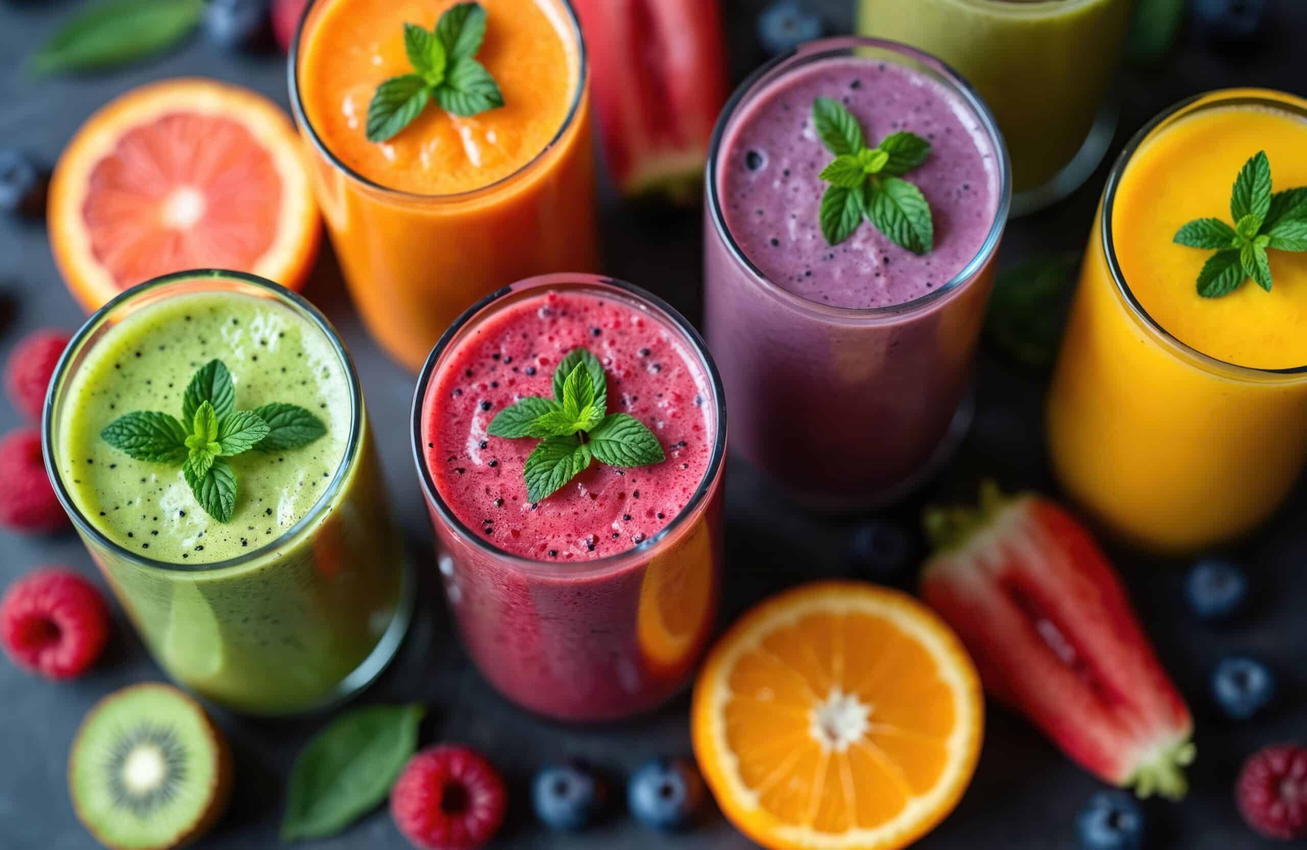 Vogelperspektive auf farbenfrohe Obstsmoothies aus verschiedenen Früchten und Gemüse in Gläsern mit Minze. Gesunder Detox-Diätgetränk, vegetarische Ernährung.