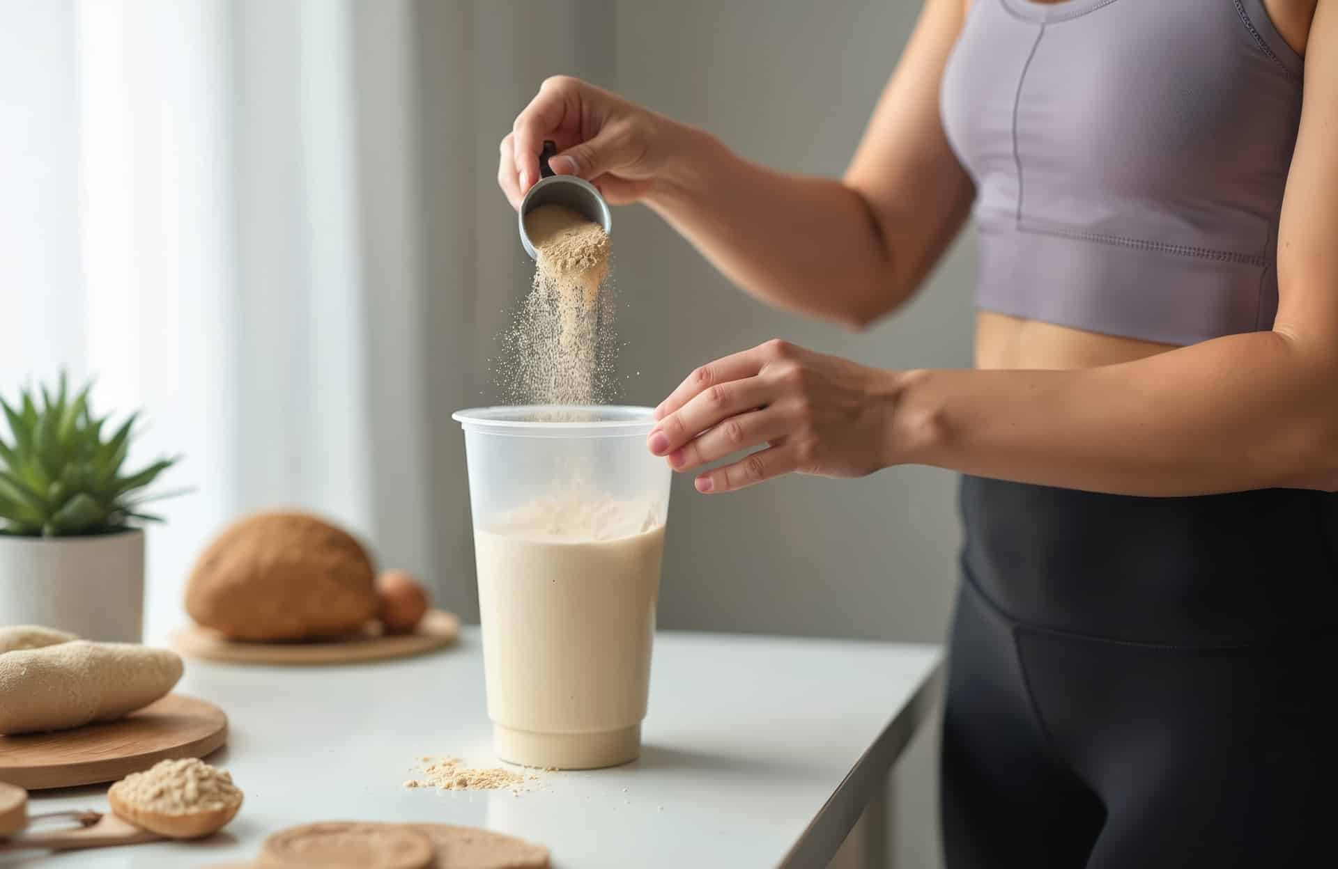 Frau bereitet Shake mit Pulver zu | Nahrungsergänzungsmittel