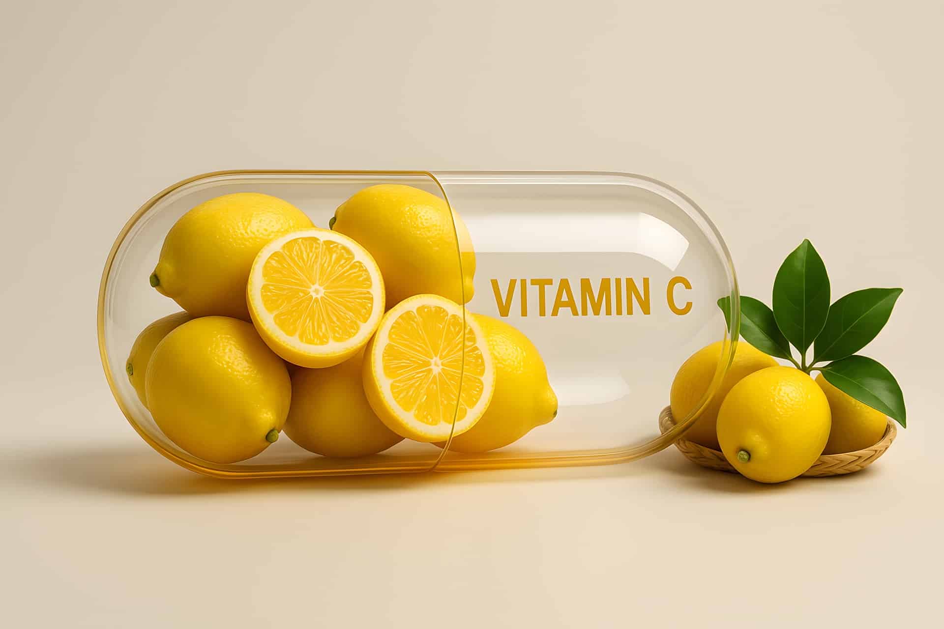 Kapsel mit Zitronen als Vitamin C Symbol | Nahrungsergänzungsmittel
