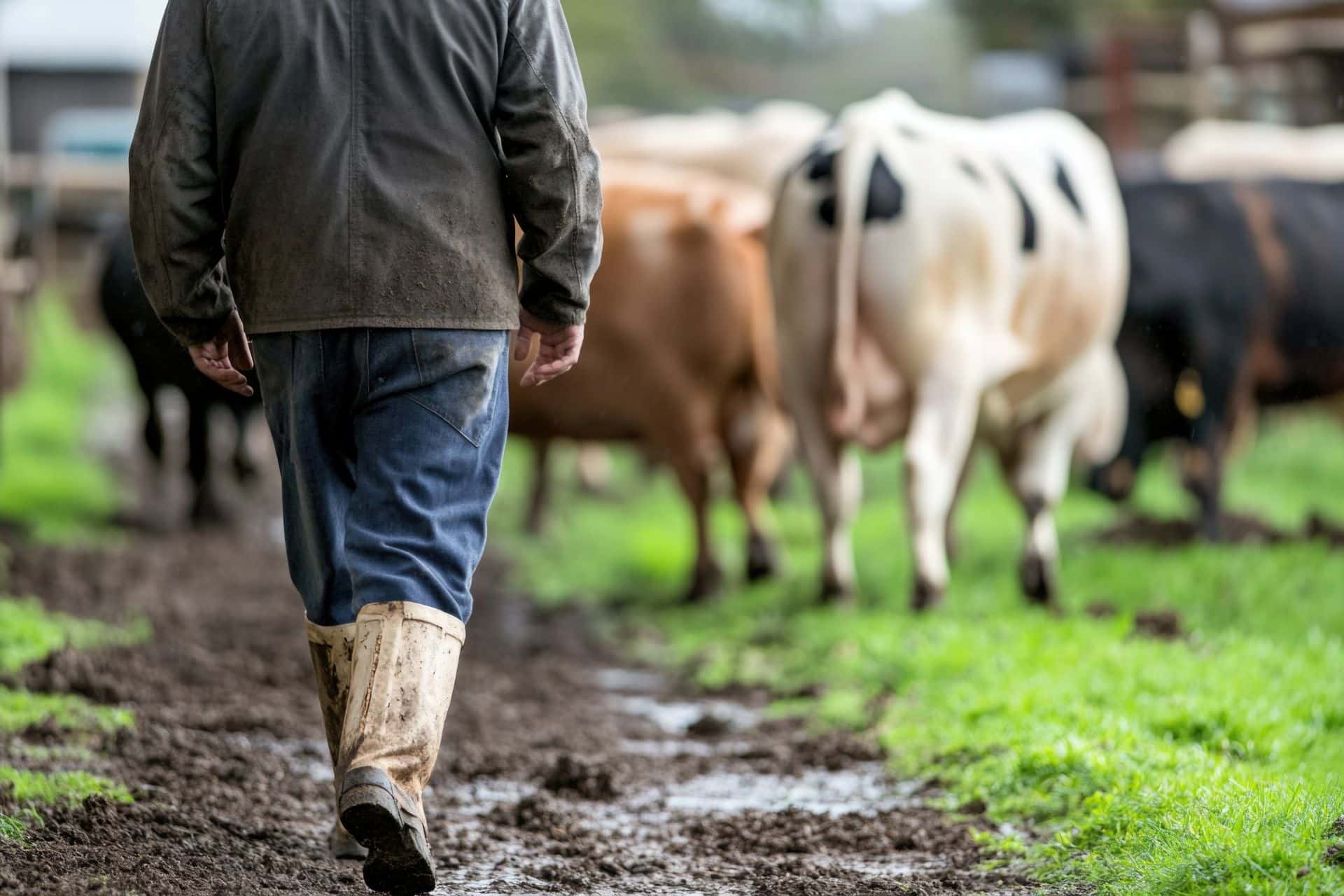 Landwirt in Gummistiefeln geht durch matschigen Rinderlaufstall – zeigt den praktischen Alltag bei der Futterversorgung von Rindern auf dem Hof.